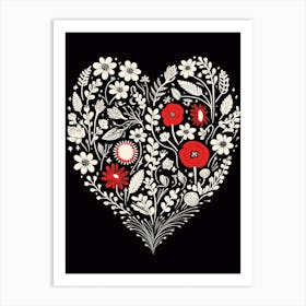 Folky Red & Black Heart Pattern 3 Art Print