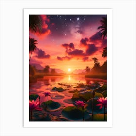 Beautiful Lotus Lake Landscape Art Print