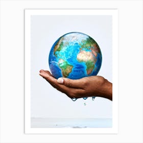 A Human Hand Cradling A Delicate Transparent Globe With Vibrant Countries And Teeming Blue Oceans S (2) Art Print