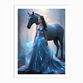 Girl And Black Horse 1 Art Print