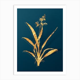 Vintage Flax Lilies Botanical in Gold on Teal Blue Art Print