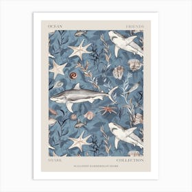 Pastel Blue Scalloped Hammerhead Shark Watercolour Seascape Pattern 1 Poster Art Print
