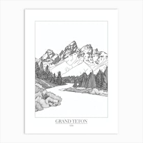 Grand Teton Usa Line Drawing 8 Poster Art Print