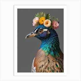 Pheasant With Flowers Art Print