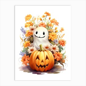 Cute Ghost With Pumpkins Halloween Watercolour 122 Art Print