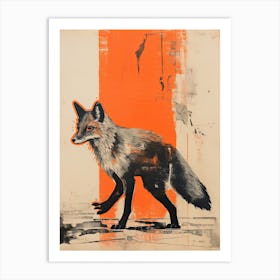 Gray Fox, Woodblock Animal Drawing 4 Art Print