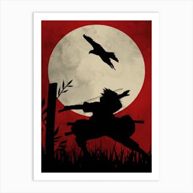 Funny Anime Japanese Silhouette Background Moon And Bird Cool Art Print