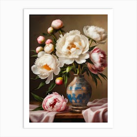 Bouquet Of White And Pink Peonies In A Vase Art Print