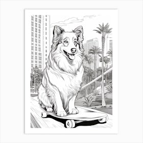 Shetland Sheepdog (Sheltie) Dog Skateboarding Line Art 2 Art Print