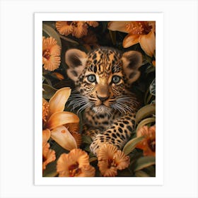 A Happy Front faced Leopard Cub In Tropical Flowers 10 Art Print