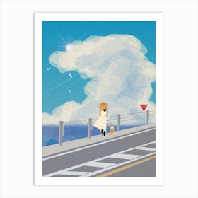 Minimal art Girl Walking On The Beach Road Art Print