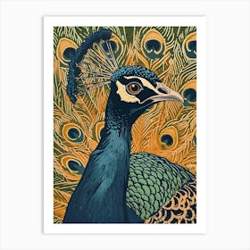 Blue Mustard Peacock Portrait With Feathers Art Print