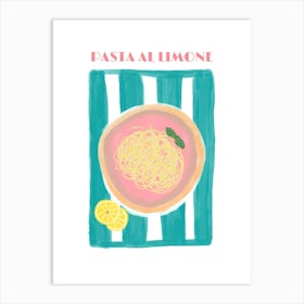 Pasta Spaghetti Lemon Stripes Blue and Pink Illustration Poster Art Print