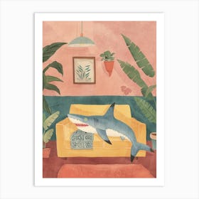 Shark Lying On The Sofa In The Living Room Pastel Watercolour 1 Art Print