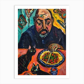 Portrait Of A Man With Cats Eating Tacos  2 Art Print