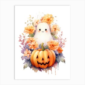 Cute Ghost With Pumpkins Halloween Watercolour 156 Art Print