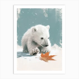 Polar Bear Cub Playing With A Fallen Leaf Storybook Illustration 3 Art Print