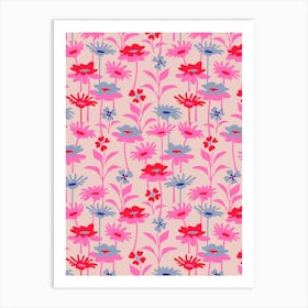 GARDEN MEADOW Floral Botanical Flowers Wildflowers in Fuchsia Hot Pink Red Lavender Blue on Pink Art Print