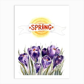 Watercolor Spring Flowers Crocuses And Sun Art Print