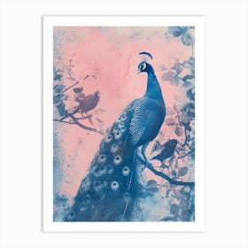 Peacock In A Tree With Other Birds Cyanotype Inspired Art Print