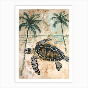 Sea Turtle & Palm Trees On The Beach 2 Art Print