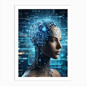 Abstract Head Of A Cyborg With A Highly Detailed Geometric Brain Profile Connected To A Futuristic (2) Art Print