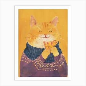 Orange Cat Pizza Lover Folk Illustration 4 Art Print