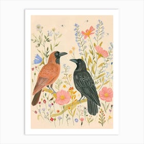 Folksy Floral Animal Drawing Raven 5 Art Print