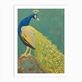 Blue Mustard Peacock Portrait On A Rock 2 Art Print