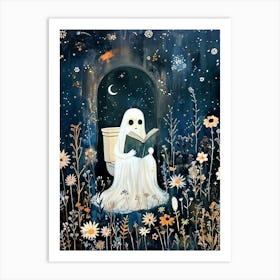 Little Ghost Reading on The Toilet - Bathroom Art Prints Moon and Stars Spooky Cute Wall Decor Funny Botanical Witchy Art Print