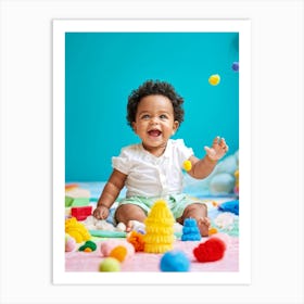 A Joyful Infant Engaging In Playful Interactions Surrounded By A Plethora Of Vivid Scattered Colo (1) Art Print