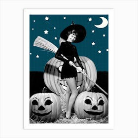 Pin Up Witch With Broom And Pumpkins On Halloween Night Art Print