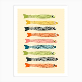 ANCHOVIES Retro Swimming Fish Horizontal in Vintage Colours Orange Green Blue Pink Yellow Charcoal on Cream Art Print