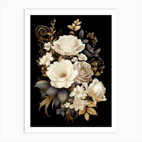 White Roses On Black Background 3 Art Print