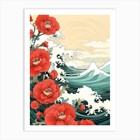 Great Wave With Poppy Flower Drawing In The Style Of Ukiyo E 4 Art Print