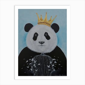 Panda With Birdcage Blue & Black Art Print