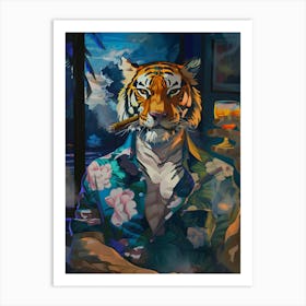 Animal Party: Crumpled Cute Critters with Cocktails and Cigars Tiger With Cigar Art Print