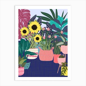 Abstract Sunflowers And Pink Pots Art Print