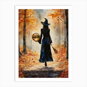 A Magical Autumn Day ~ Witchy Witches Pagan Fall Wheel of the Year Spooky Fairytale Watercolour   Art Print