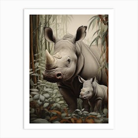 Rhino & Baby Rhino Realistic Illustration 2 Art Print