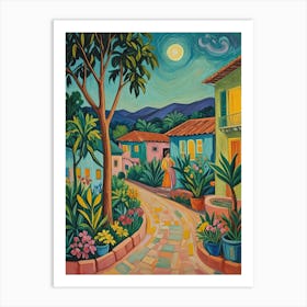 Moonlit Colourful Village Art Print