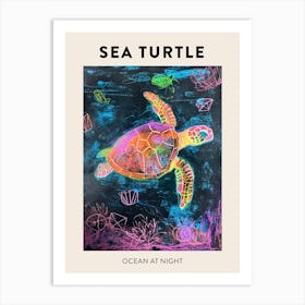 Neon Sea Turtle In The Sea At Night Poster 1 Art Print