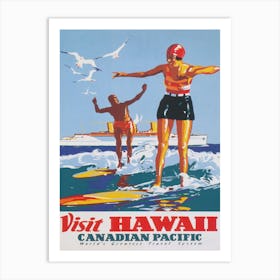 Hawaii Surfers Vintage Travel Poster 1 Art Print