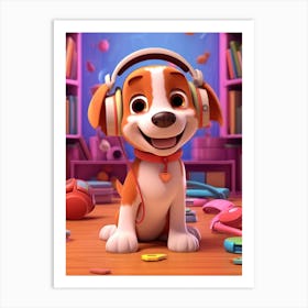 Dog With Headphones Art Print