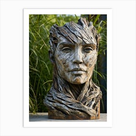 Portrait Sculpture Of A Weathered Human Face Entwined With Grass Wood Textures Enhance The Furrowed (1) Art Print