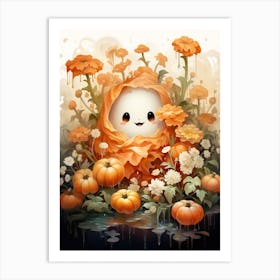 Cute Bedsheet Ghost, Botanical Halloween Watercolour 131 Art Print