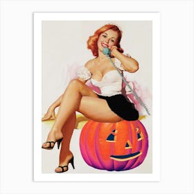 Pin Up Pumpkin Girl On The Phone Art Print