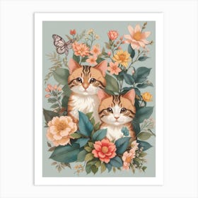 Dreamshaper V7 Vintage Cute Kawaii Cats Botanical Illustration 0 Art Print