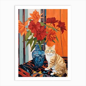 Lily Flower Vase And A Cat, A Painting In The Style Of Matisse 3 Art Print