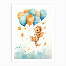 Seahorse Flying With Autumn Fall Pumpkins And Balloons Watercolour Nursery 1 Art Print